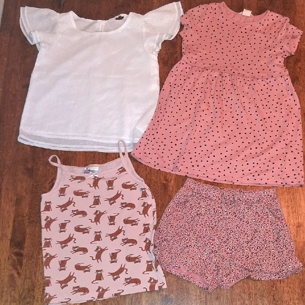 H & M Girls' White and Pink Clothing Set Dress Shirt Tank Shorts 6X/7